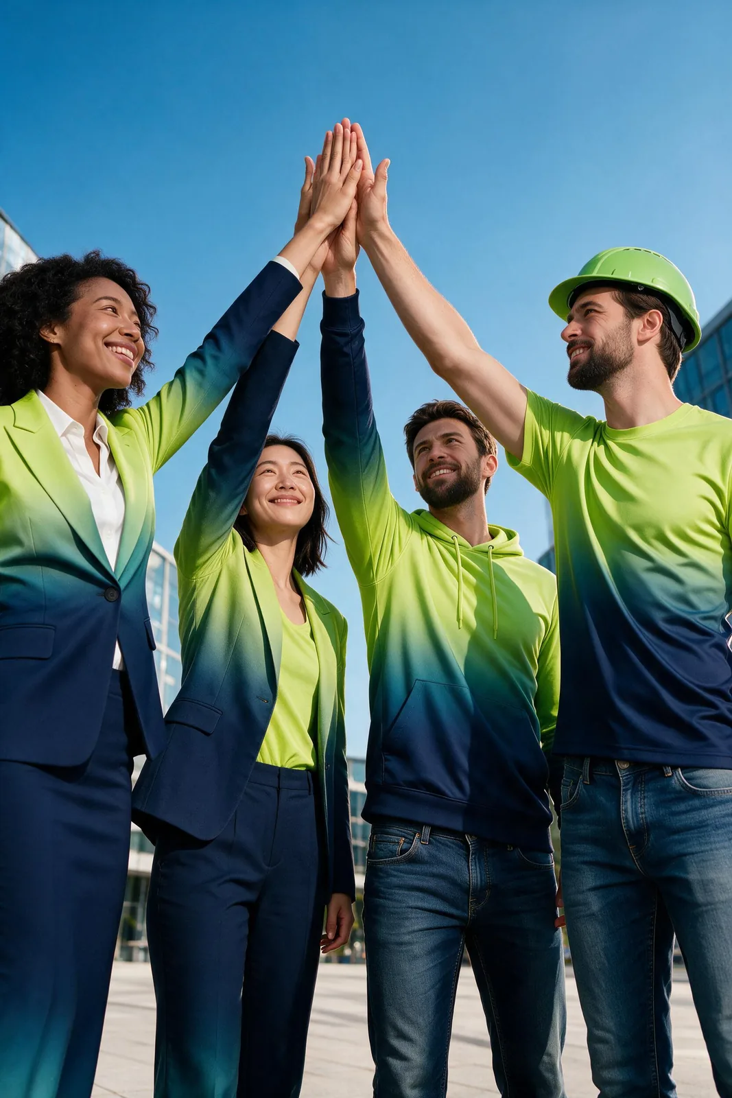 Tres personas con ropa de trabajo levantan las manos y las juntan en señal de acuerdo.