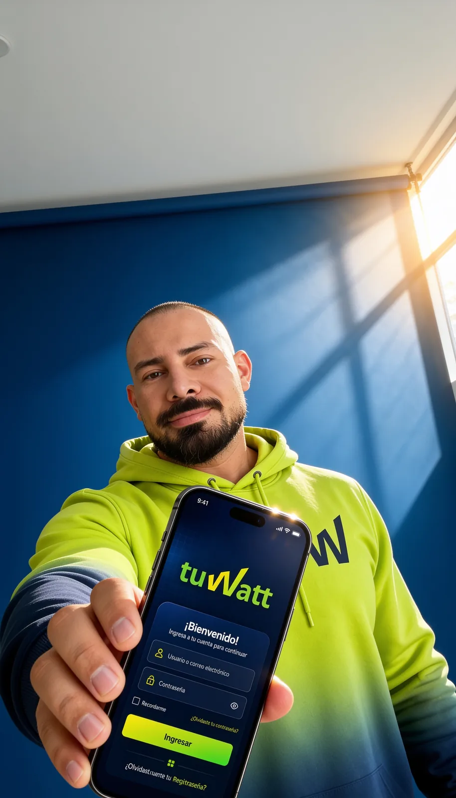 Una persona sostiene un teléfono que muestra la pantalla de inicio de la aplicación de TuWatt.