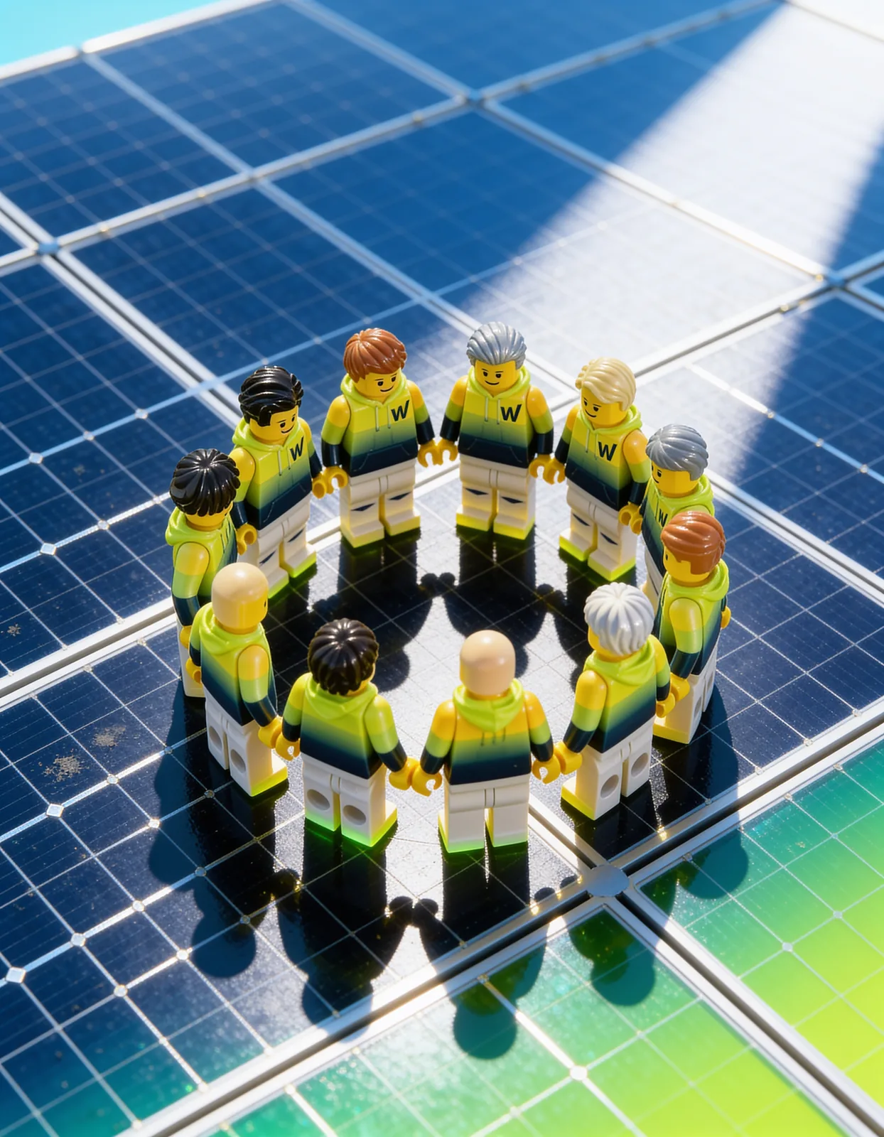 Un grupo de personas de pie formando un círculo, vistas desde arriba, sobre una gran superficie de paneles solares.