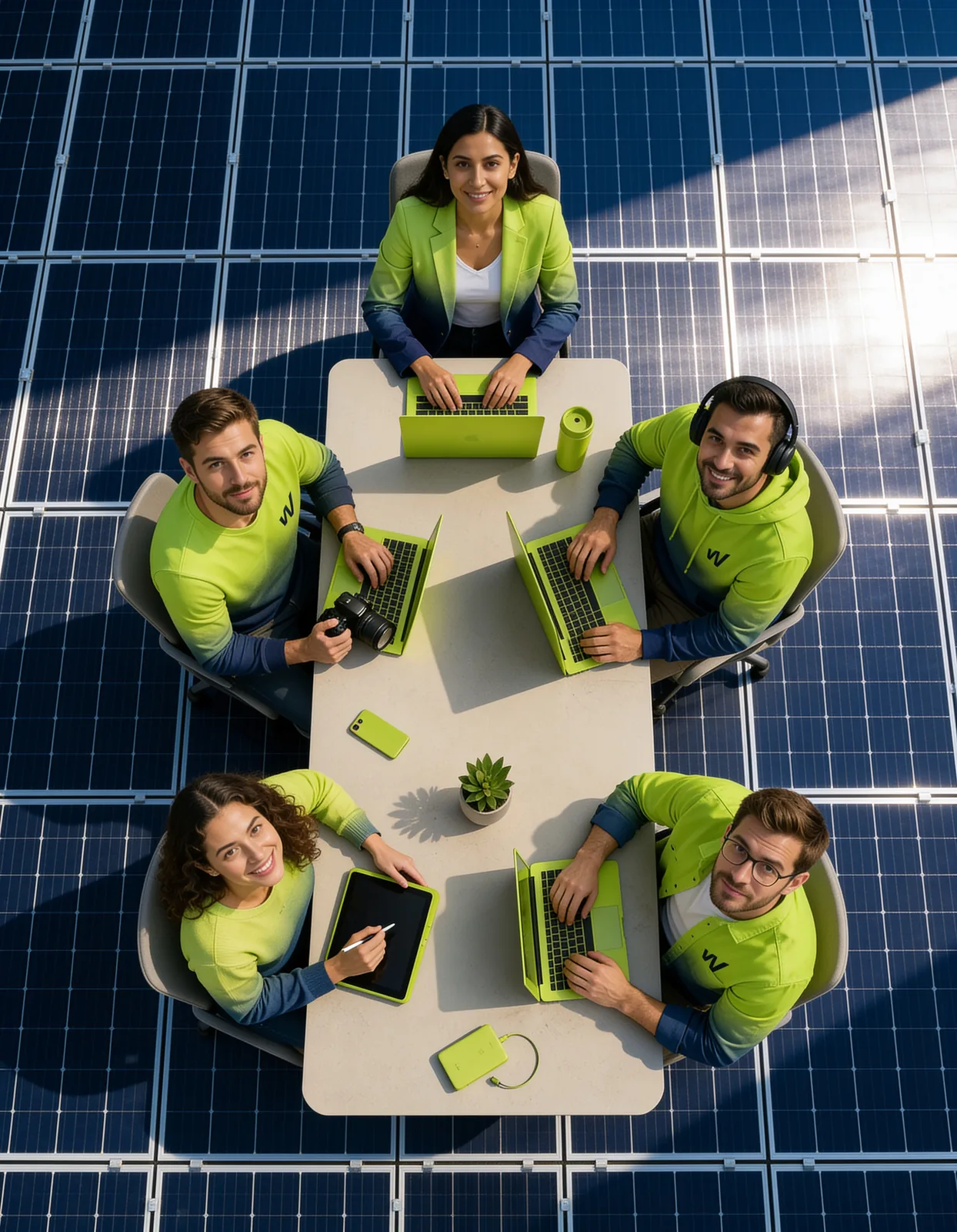 Varias personas sentadas alrededor de una mesa de trabajo, vistas desde arriba, sobre una superficie de paneles solares.