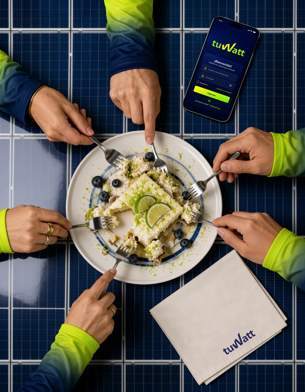Vista cenital de cuatro personas alrededor de un plato de comida que comparten, apoyado sobre una superficie de módulos solares, junto a un teléfono y una servilleta con el logotipo de TuWatt.