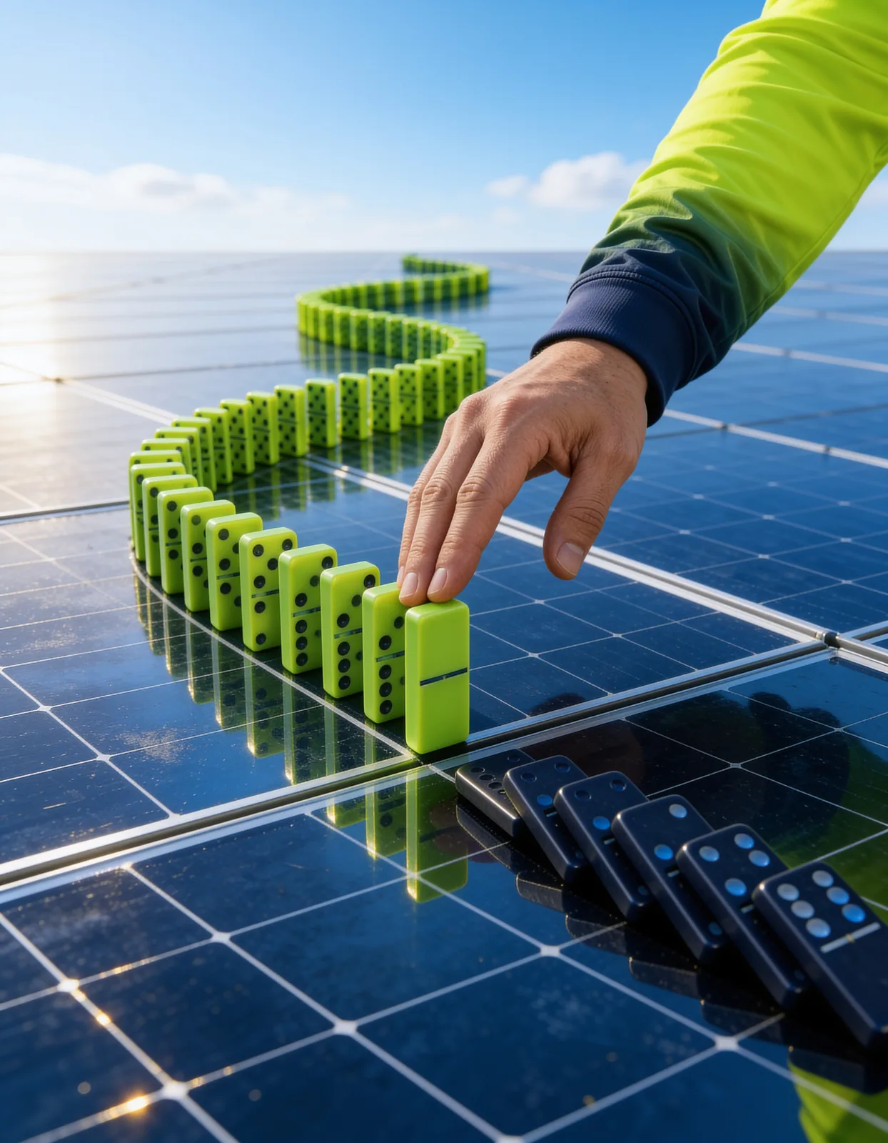 Una mano detiene con el dedo una hilera curva de fichas de dominó verdes en pie sobre una superficie de módulos solares, mientras otras fichas oscuras yacen caídas al lado.