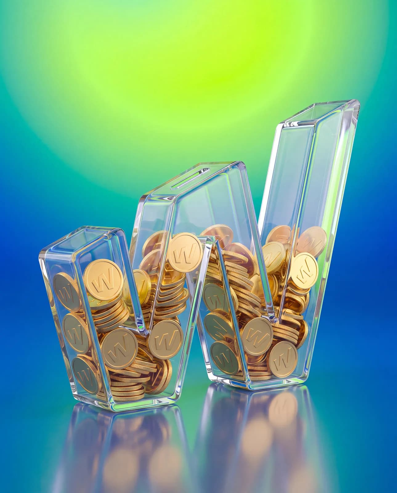 Tres recipientes de vidrio con monedas en su interior, iluminados sobre un fondo verde y azul.