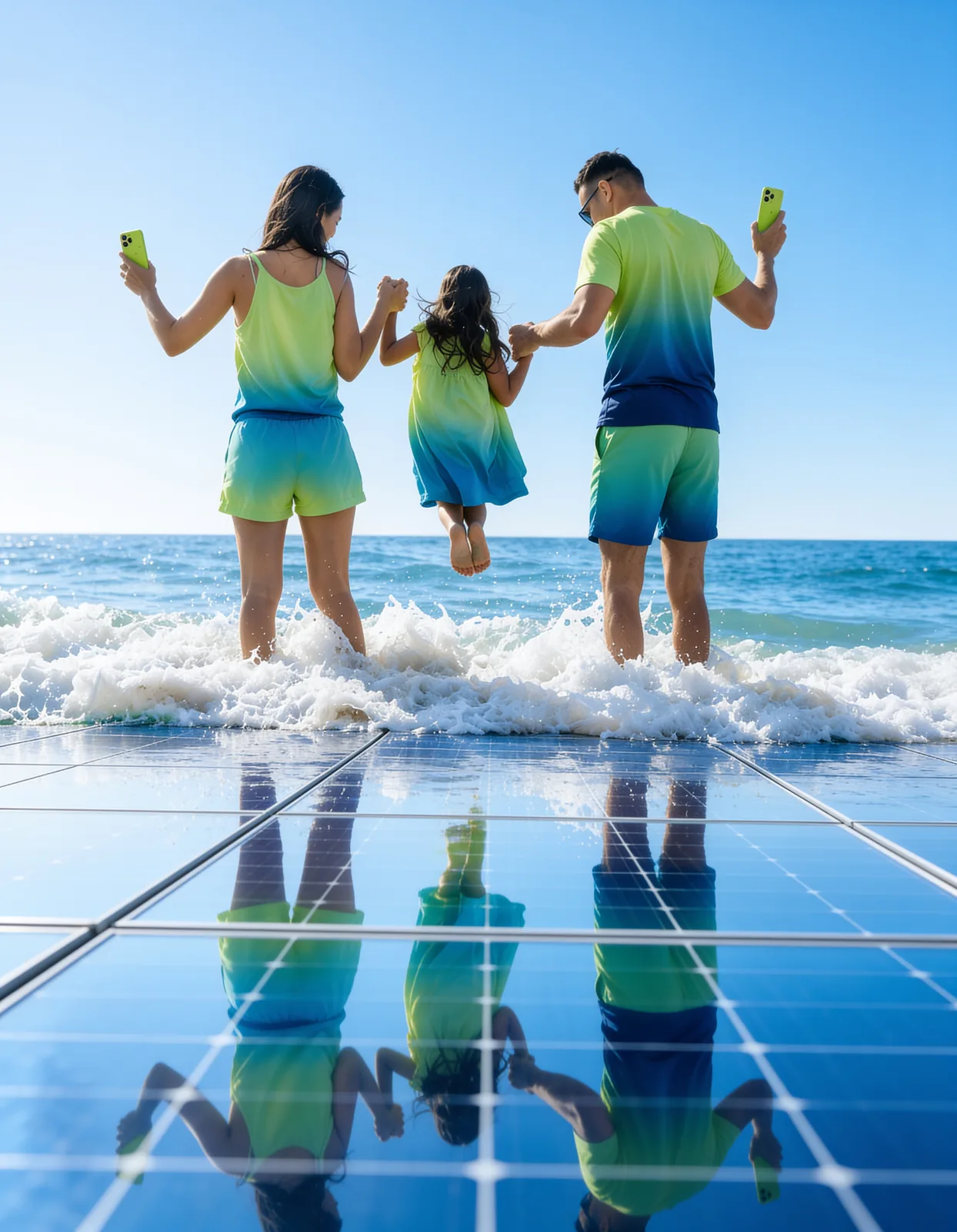 Dos adultos y una menor, de espaldas y tomados de la mano, entran al mar sobre una superficie de módulos solares que los refleja.