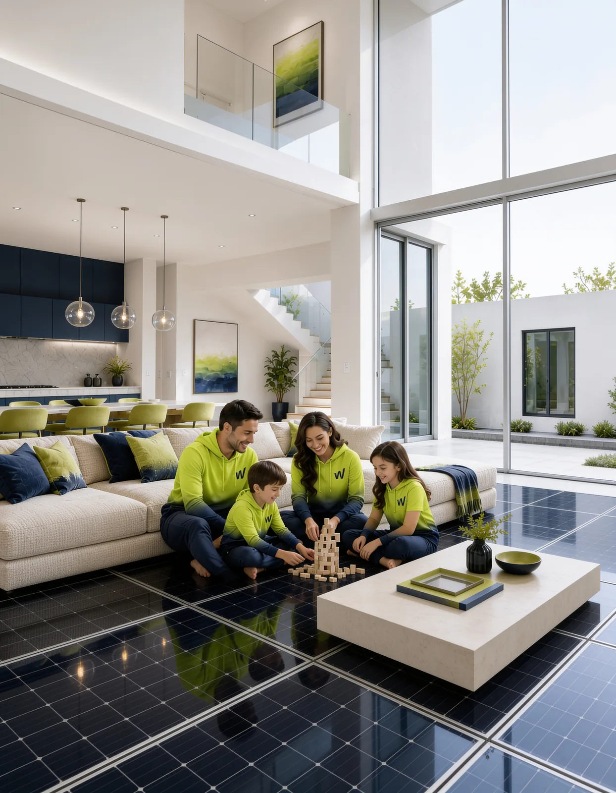 Dos adultos y dos menores juegan sentados en el piso de la sala de una casa amplia, sobre una superficie formada por módulos solares.