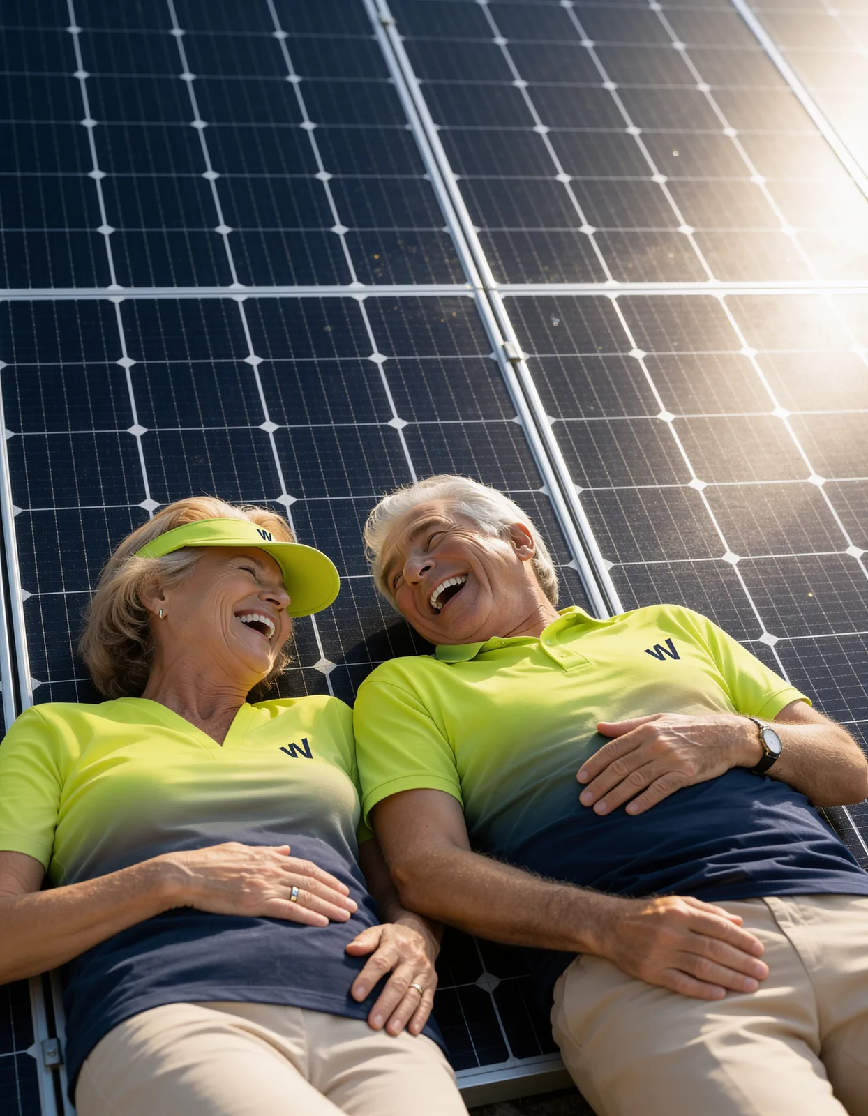 Una pareja de personas mayores con camisetas verdes ríe recostada sobre una superficie de módulos solares iluminada por el sol.