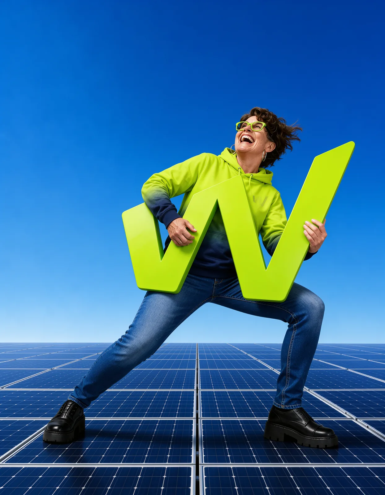 Una persona sonriente sostiene con las dos manos una letra W verde de gran tamaño, de pie sobre una superficie de módulos solares bajo cielo azul.