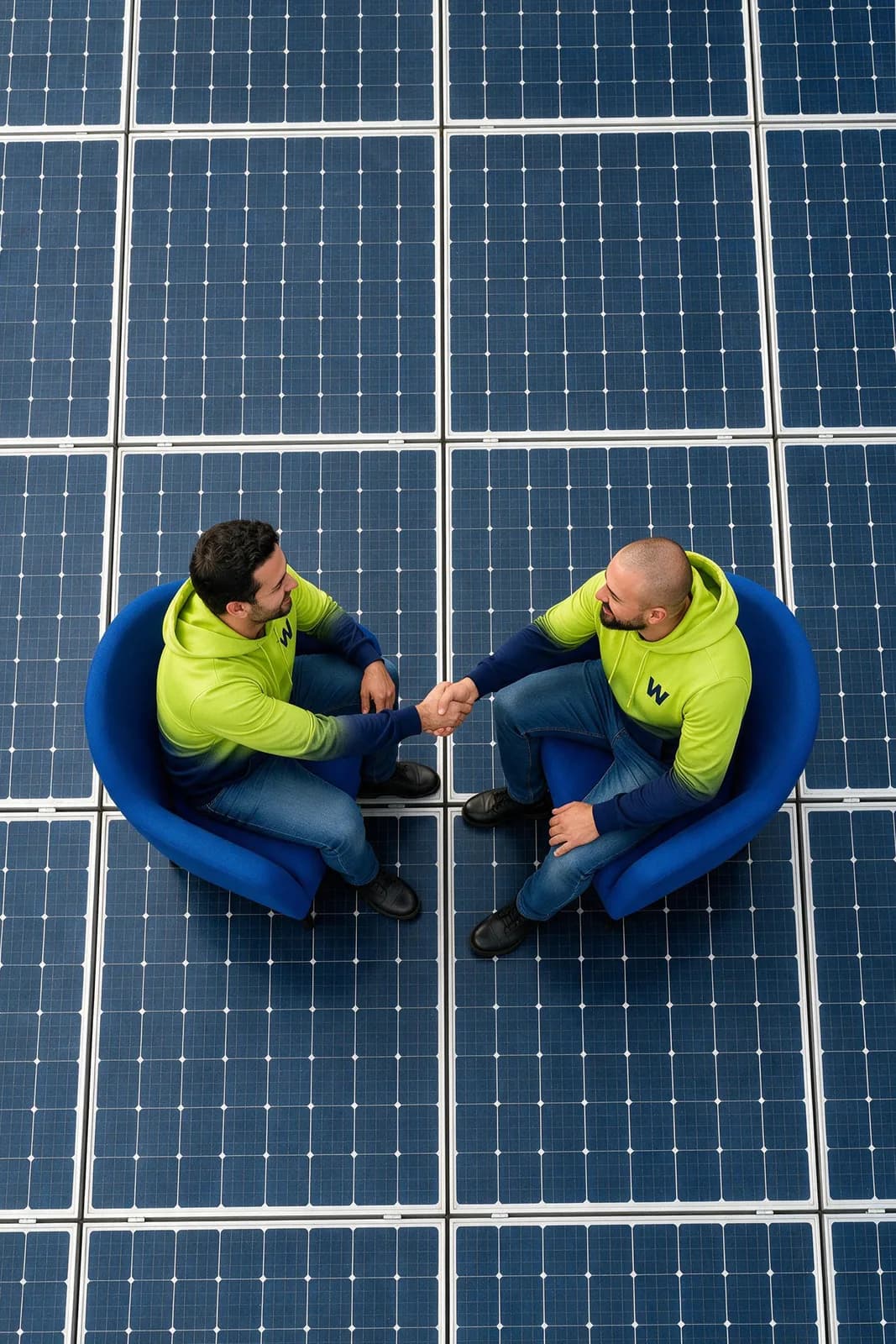 Vista cenital de dos personas con ropa de trabajo sentadas sobre una gran superficie de módulos solares, revisando algo entre las dos.