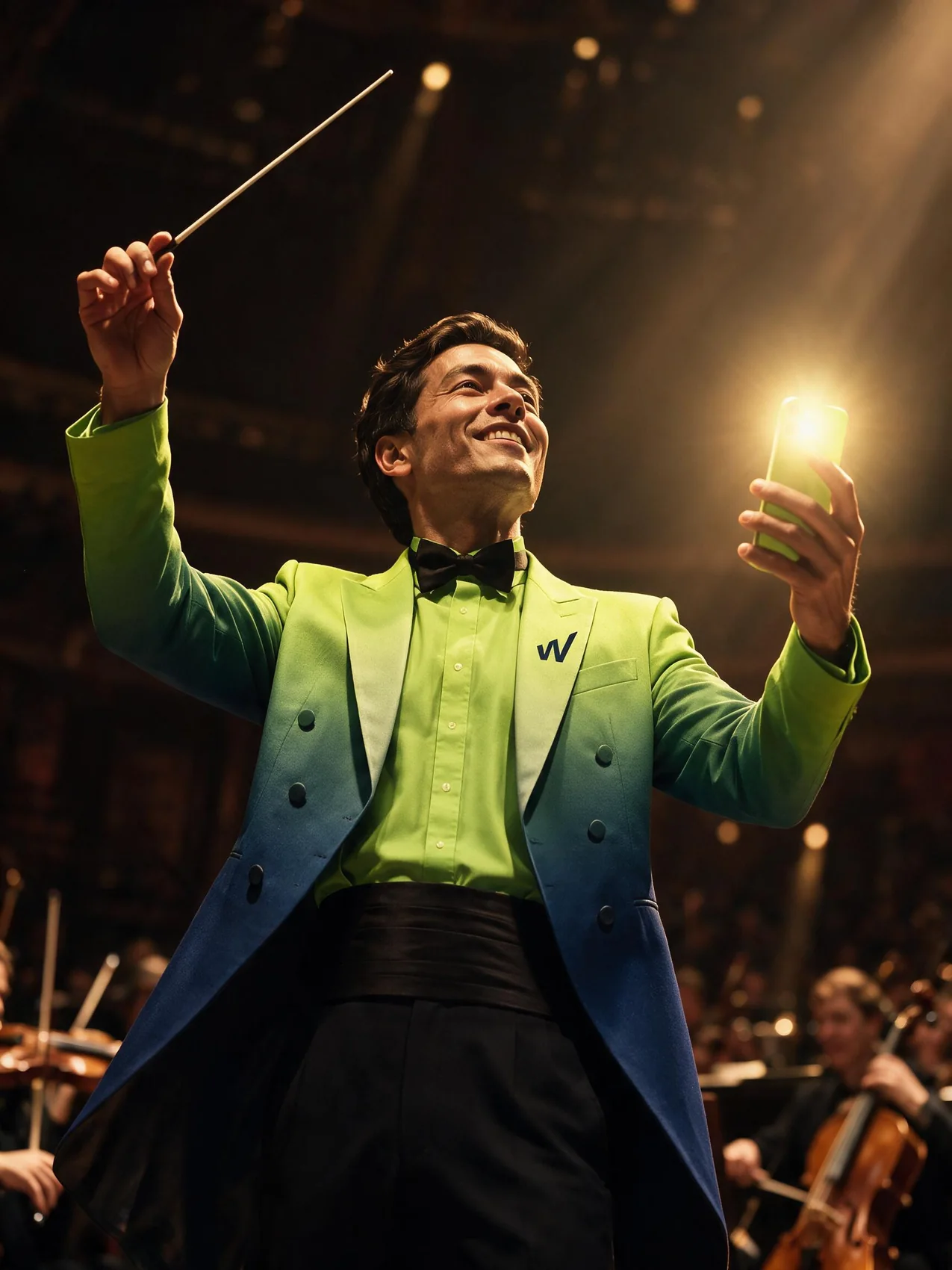 Un director de orquesta levanta la batuta sobre el escenario mientras la orquesta toca detrás de él.