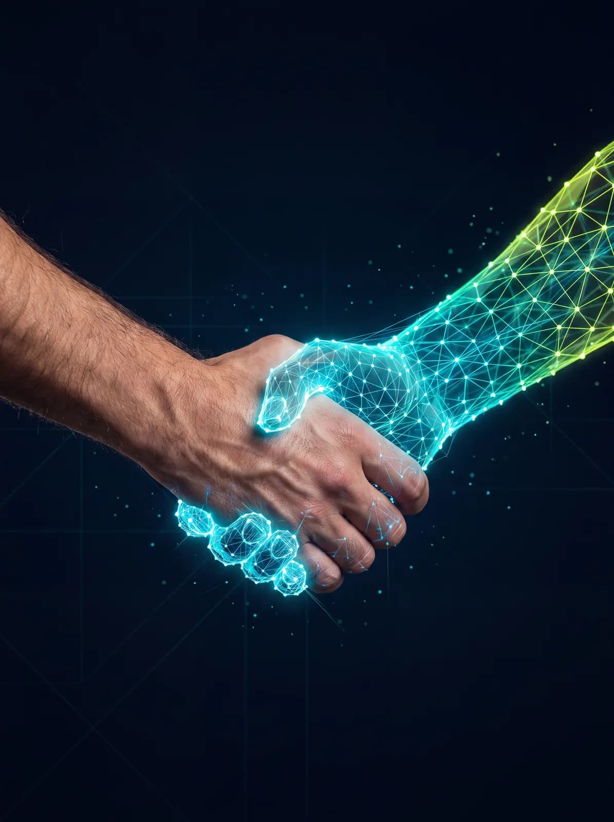 A human hand shakes a hand made of digital points of light against a dark background.