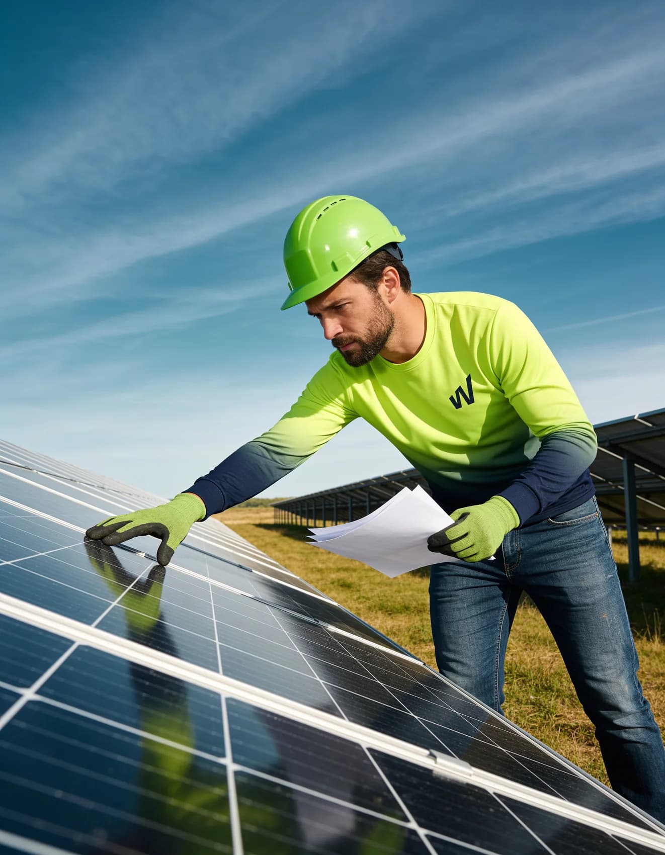 Una persona con casco y guantes de trabajo revisa la superficie de un módulo solar mientras sostiene documentos impresos, en un campo de paneles bajo cielo despejado.