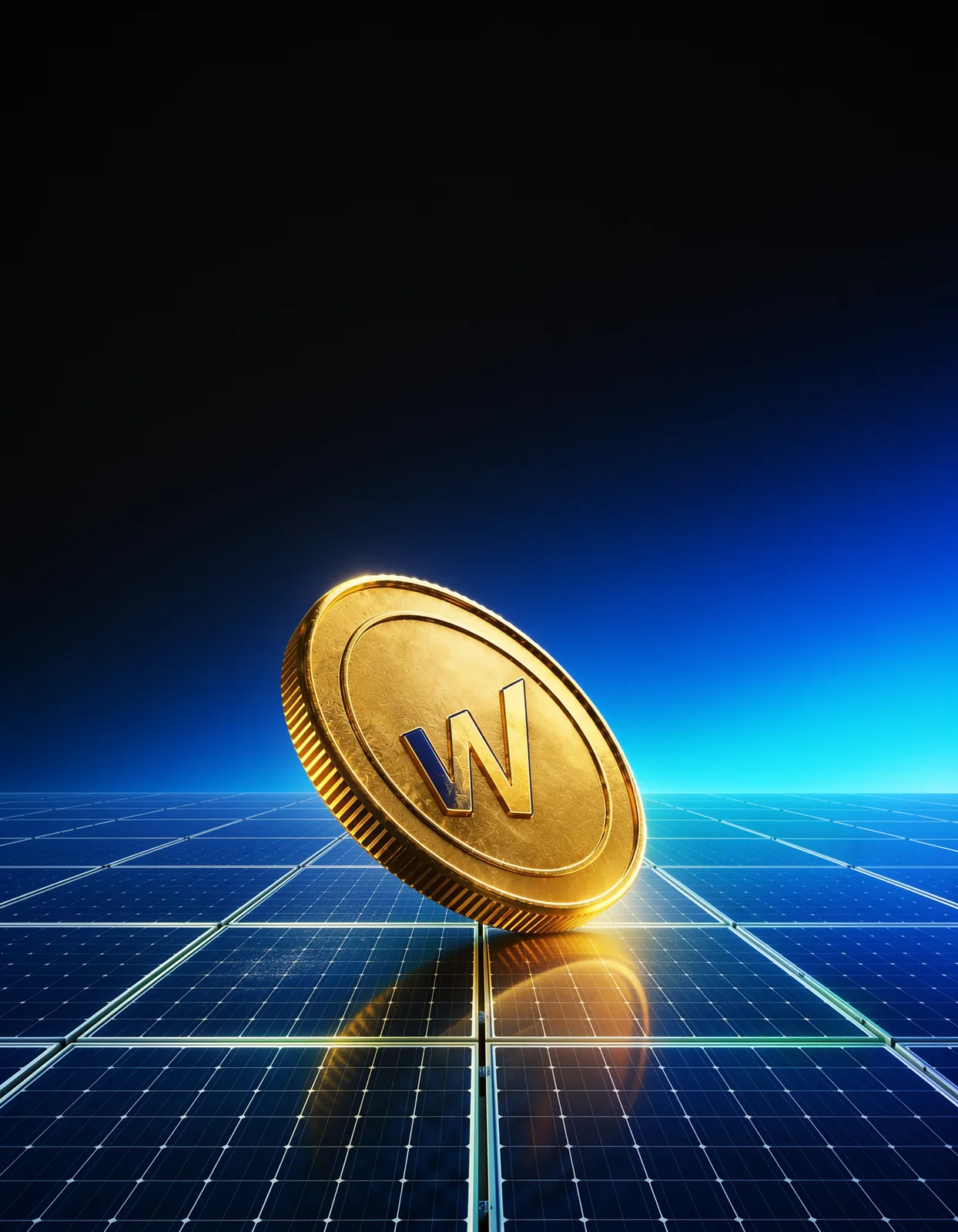 Una moneda dorada con la letra W reposa sobre la superficie de un módulo solar.